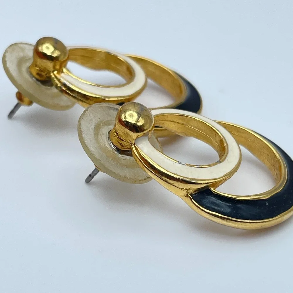 Vintage 80s Gold Tone Enamel Double Hoop Door Knocker Drop Earrings‎ Jewelry